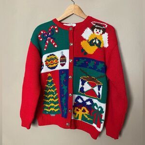 KAREN SCOTT vintage 90s knit Christmas cardigan angel candy canes cottage EUC